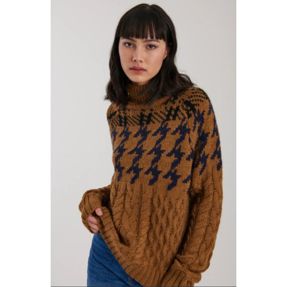 John + Jenn Henry Brown Navy  Houndstooth Cableknit Knit Turtleneck Sweater L